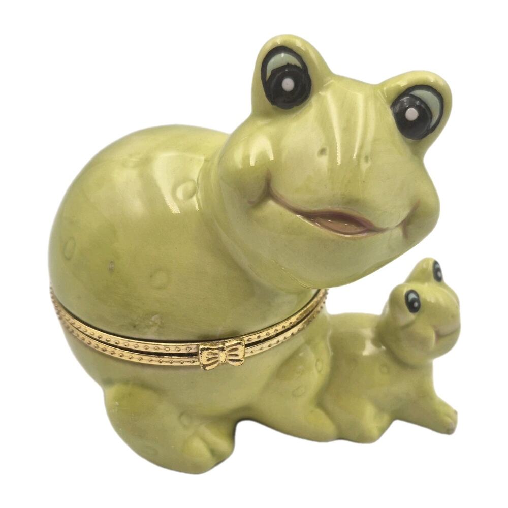 Green Mama/Baby Frog Porcelain Trinket Box Hinged Lid 4x4" Adorable